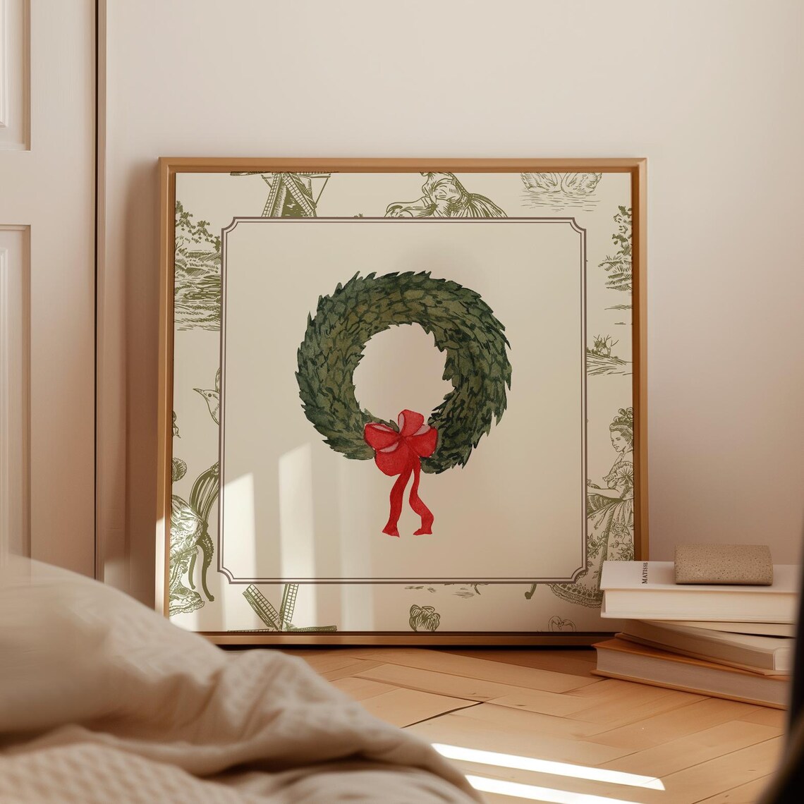 Green Toile Border Christmas Wreath Red Bow Watercolor Holiday Poster - Image 2