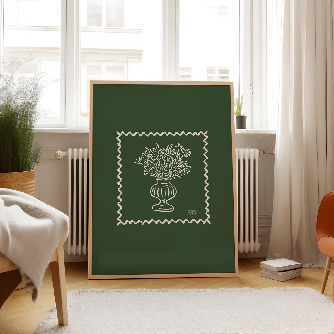 Cream Floral Urn Zigzag Stamp Border Forest Green Botanical Poster - Image 5