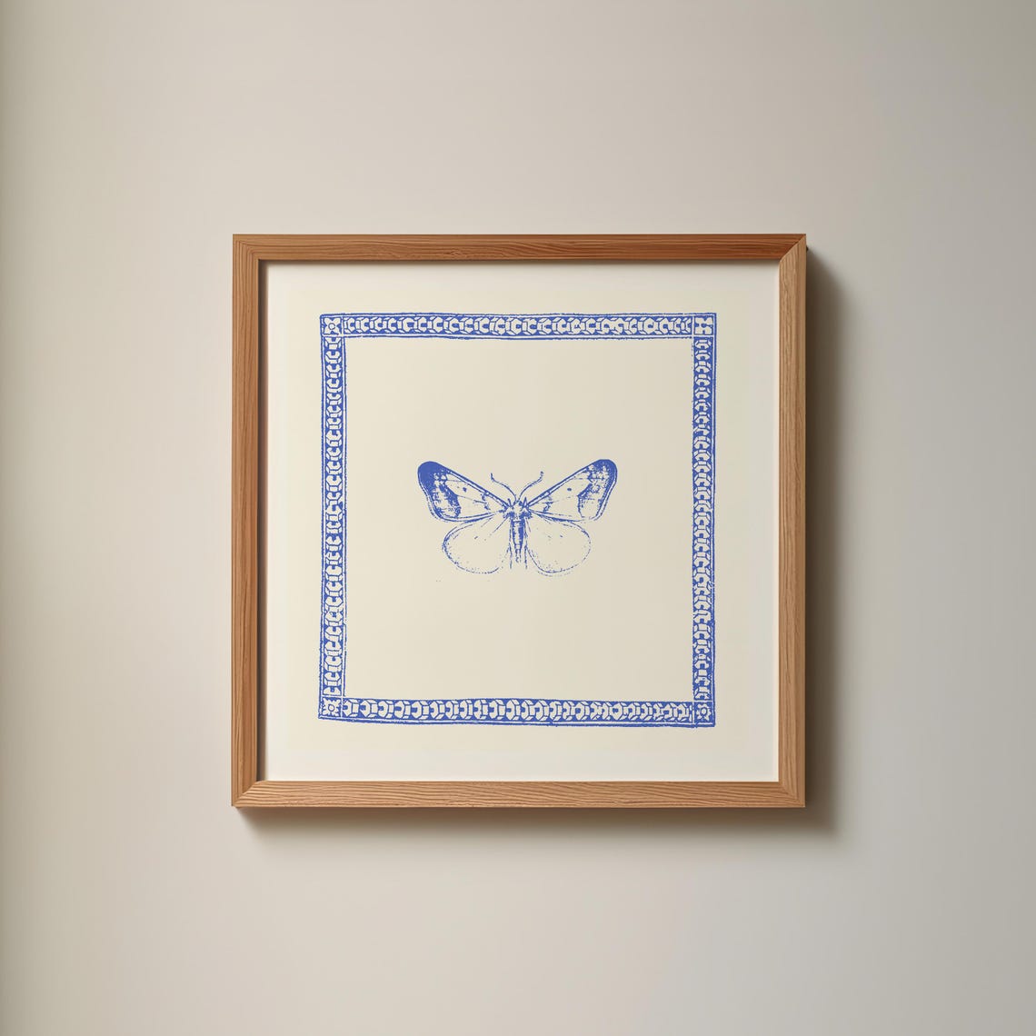 Navy Blue Thin Line Butterfly Illustration with Ornate Border Poster - Image 2