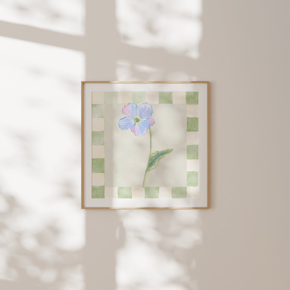 Green Checkered Floral Square Art Print - Image 2