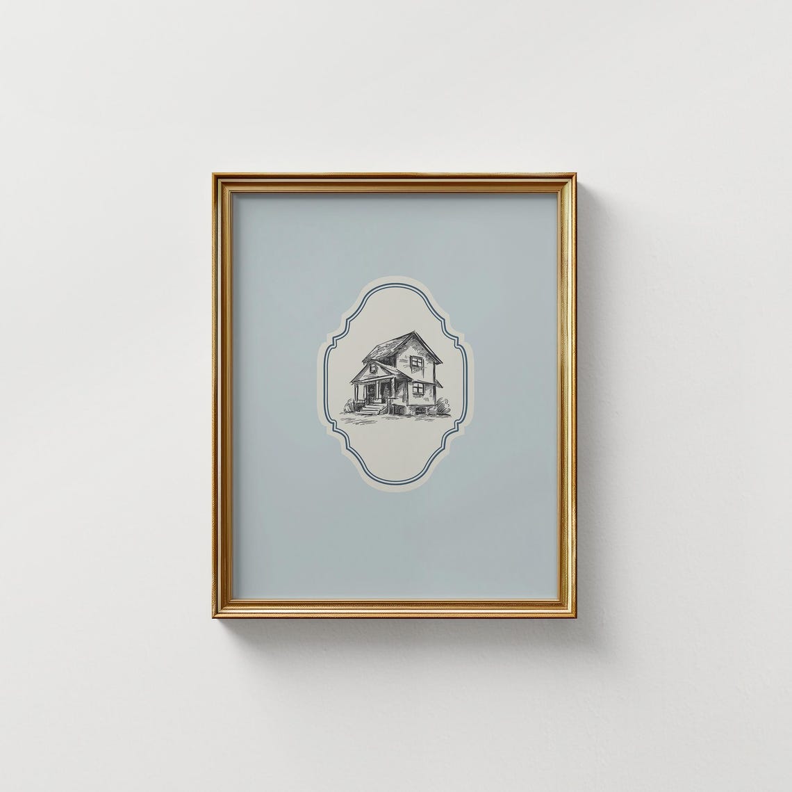 Vintage Farmhouse Line Drawing Blue Medallion Home Wall Art Poster - Image 3