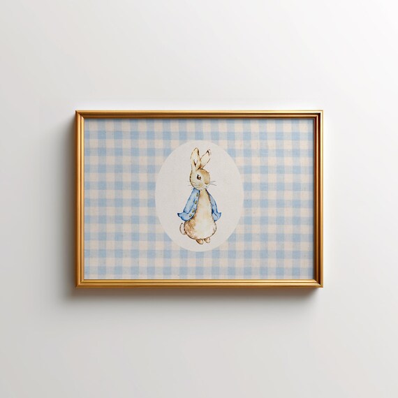 Blue Gingham Bunny in Blue Jacket Watercolor Nursery Wall Poster