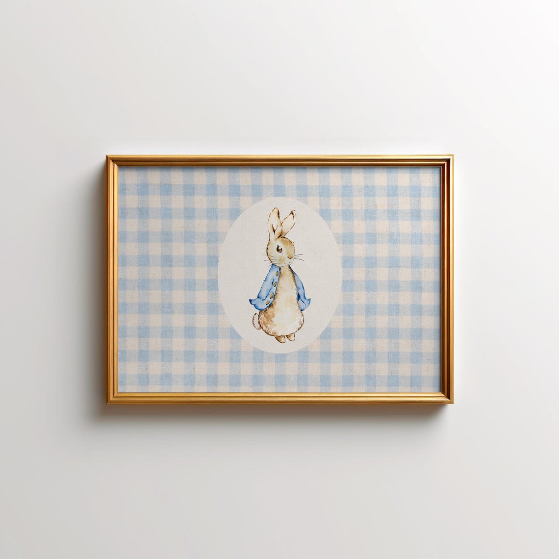 Blue Gingham Bunny in Blue Jacket Watercolor Nursery Wall Poster