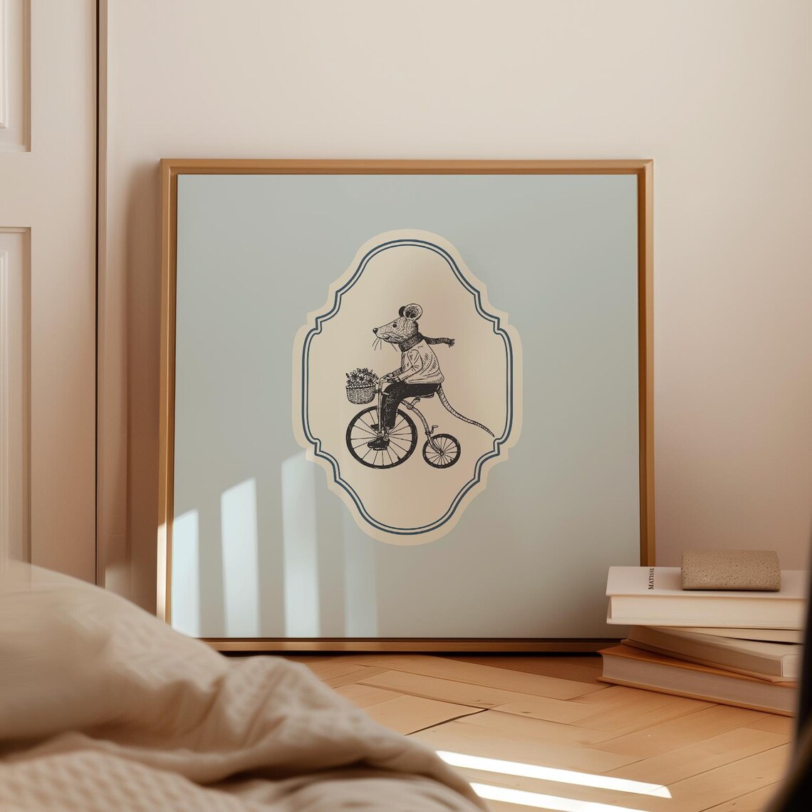 Vintage Mouse On Bicycle Flower Basket Baby Blue Ornate Square Poster - Image 5
