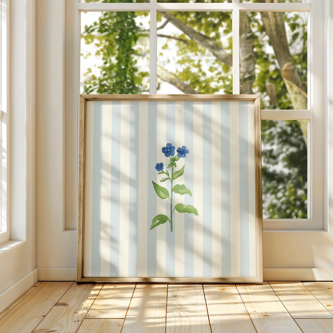 Blue Striped Minimal Floral Art Print, Cottage Nursery - Image 3
