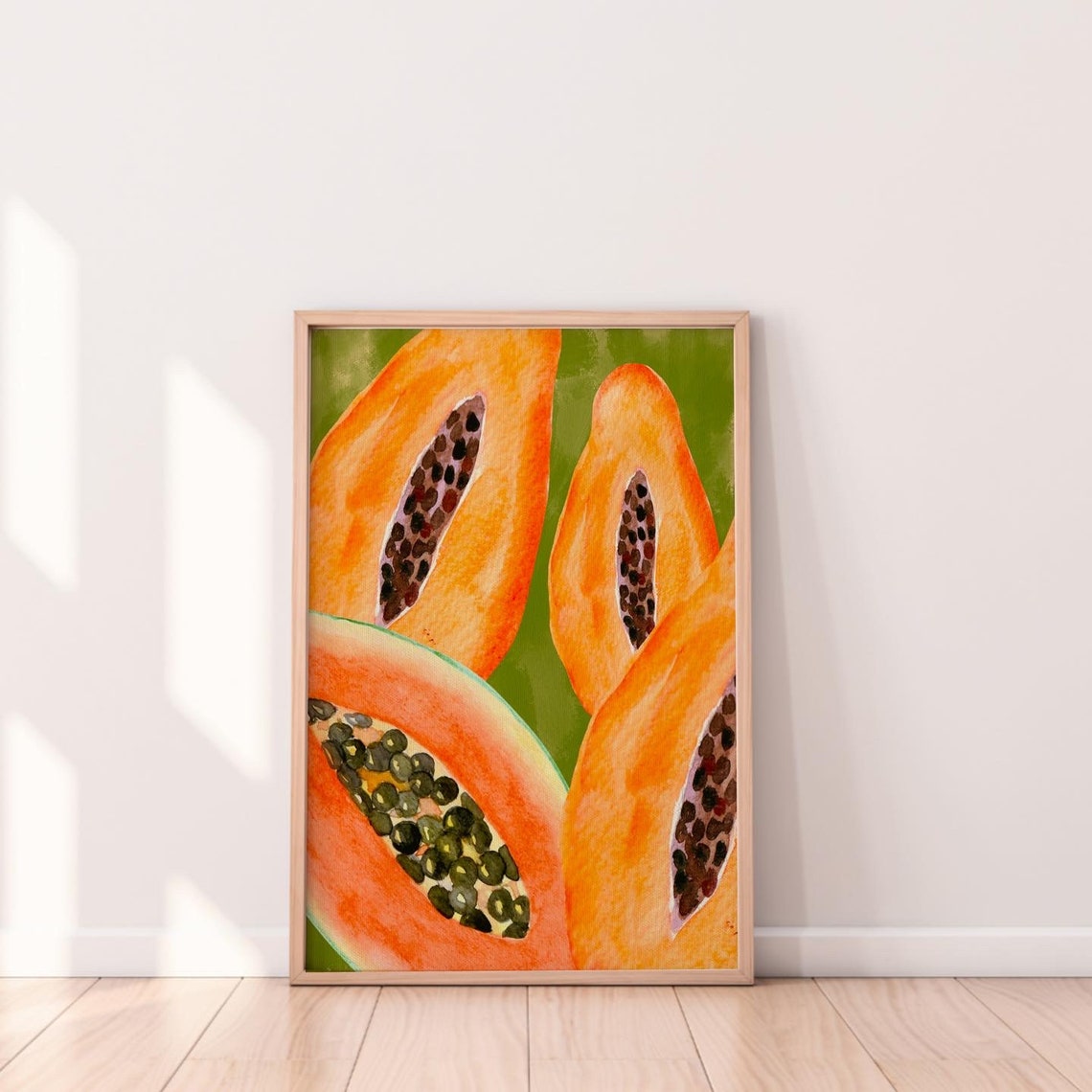 Vibrant Papaya Halves Watercolor Kitchen Fruit Illustration Poster - Image 3
