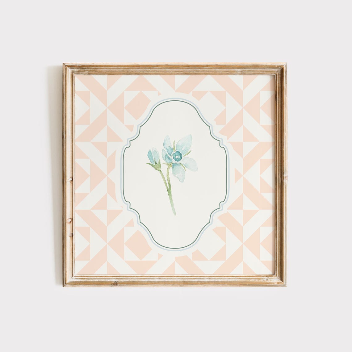 Peach Quilted Minimal Blue Flower Poster Watercolor Nursery Decor