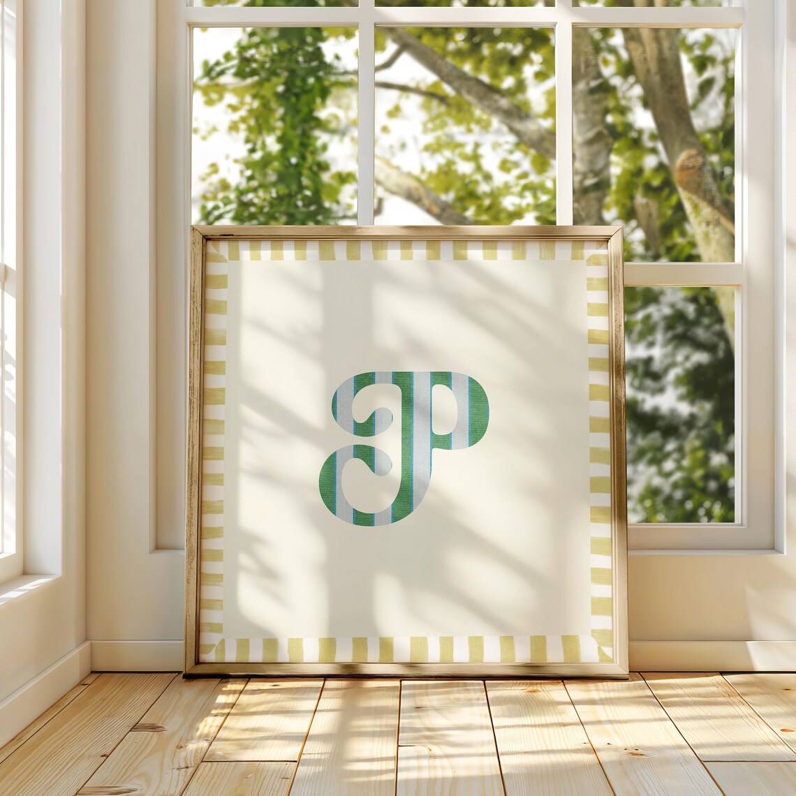 Swash Letter P Green Blue Striped Monogram Cream Framed Art Print - Image 4