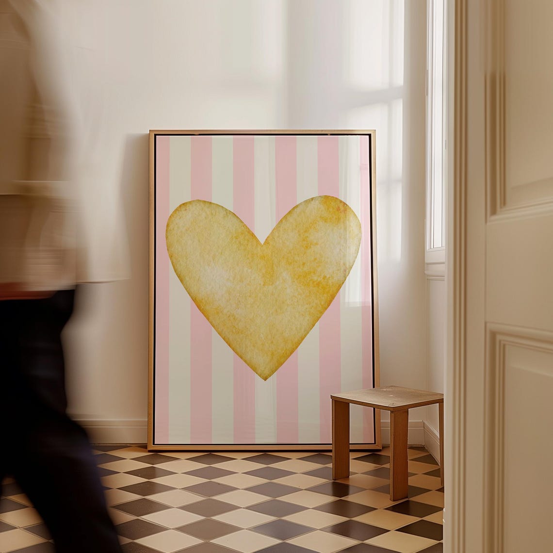 Yellow Watercolor Heart Pink Stripe Background Valentine Art Poster