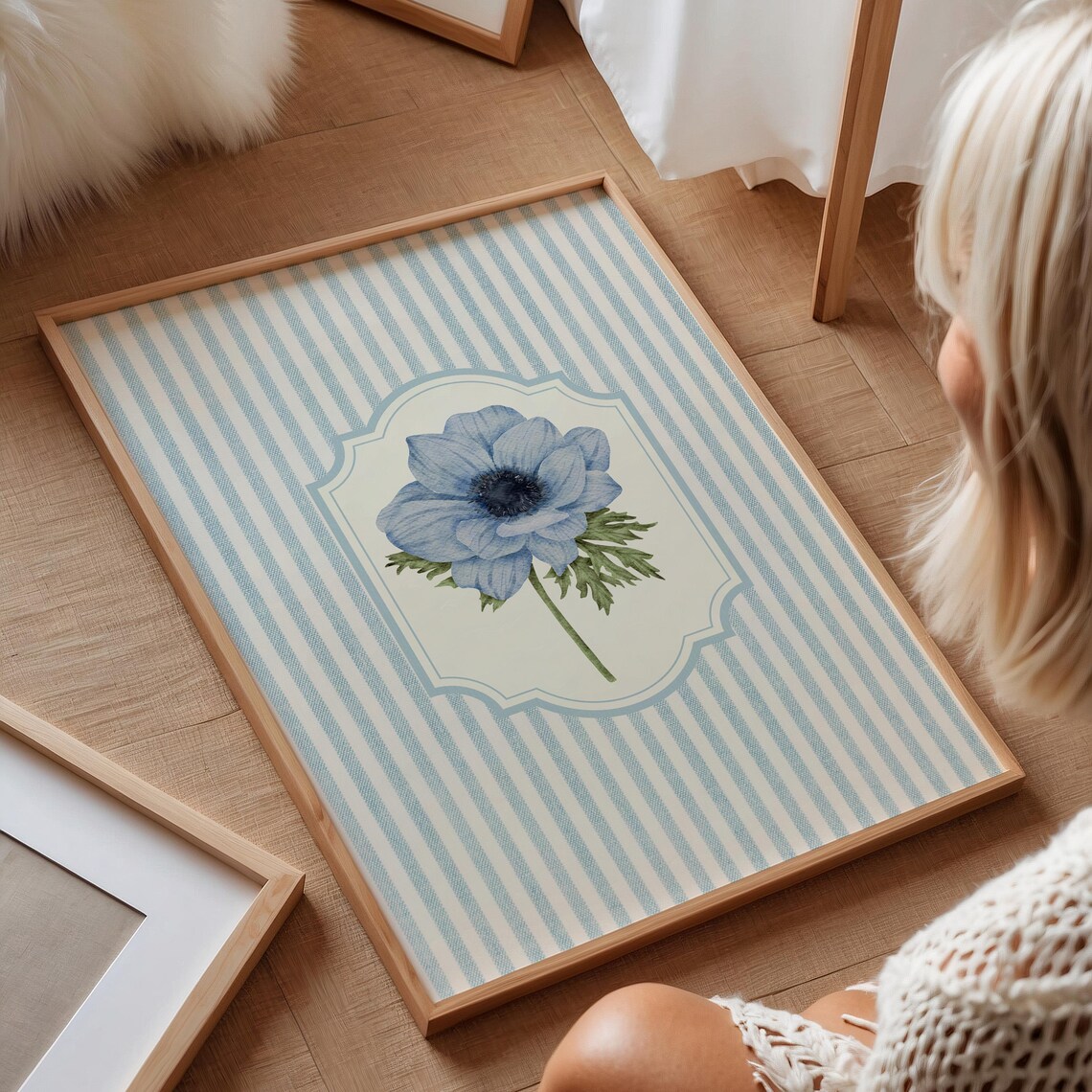 Blue Anemone Blossom on Striped Scalloped Vintage Floral Art Poster