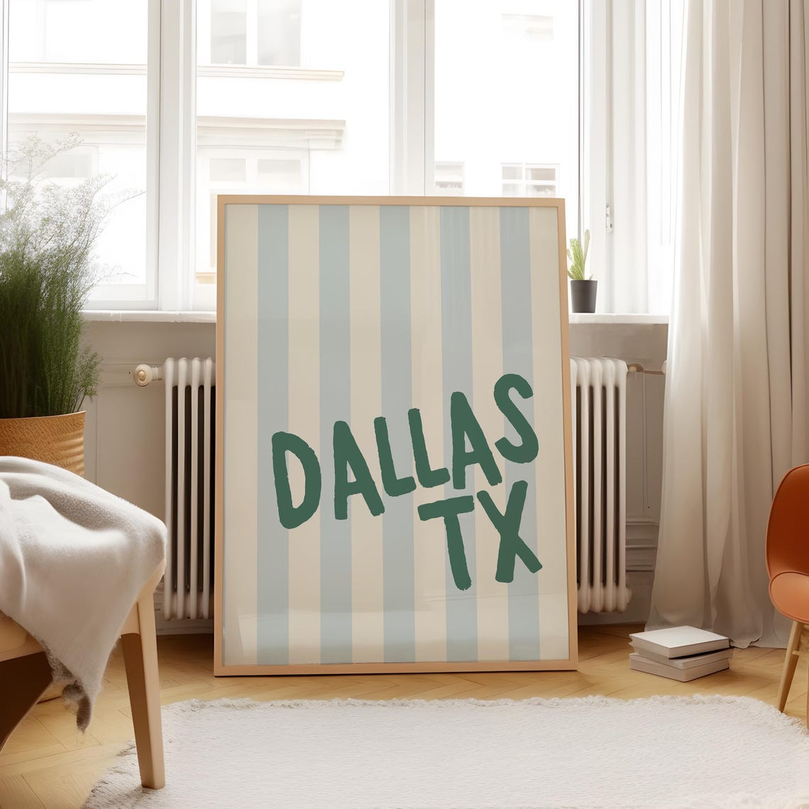 Dallas Texas Green Hand Lettered Striped Vertical City Name Poster