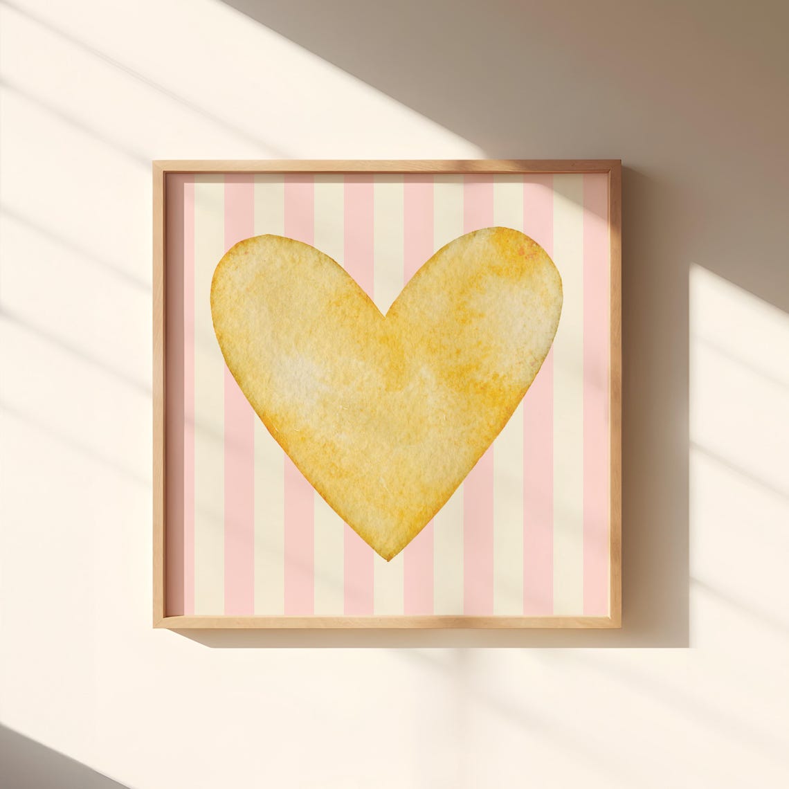 Golden Yellow Watercolor Heart Pink Stripe Square Valentine Art Poster - Image 2