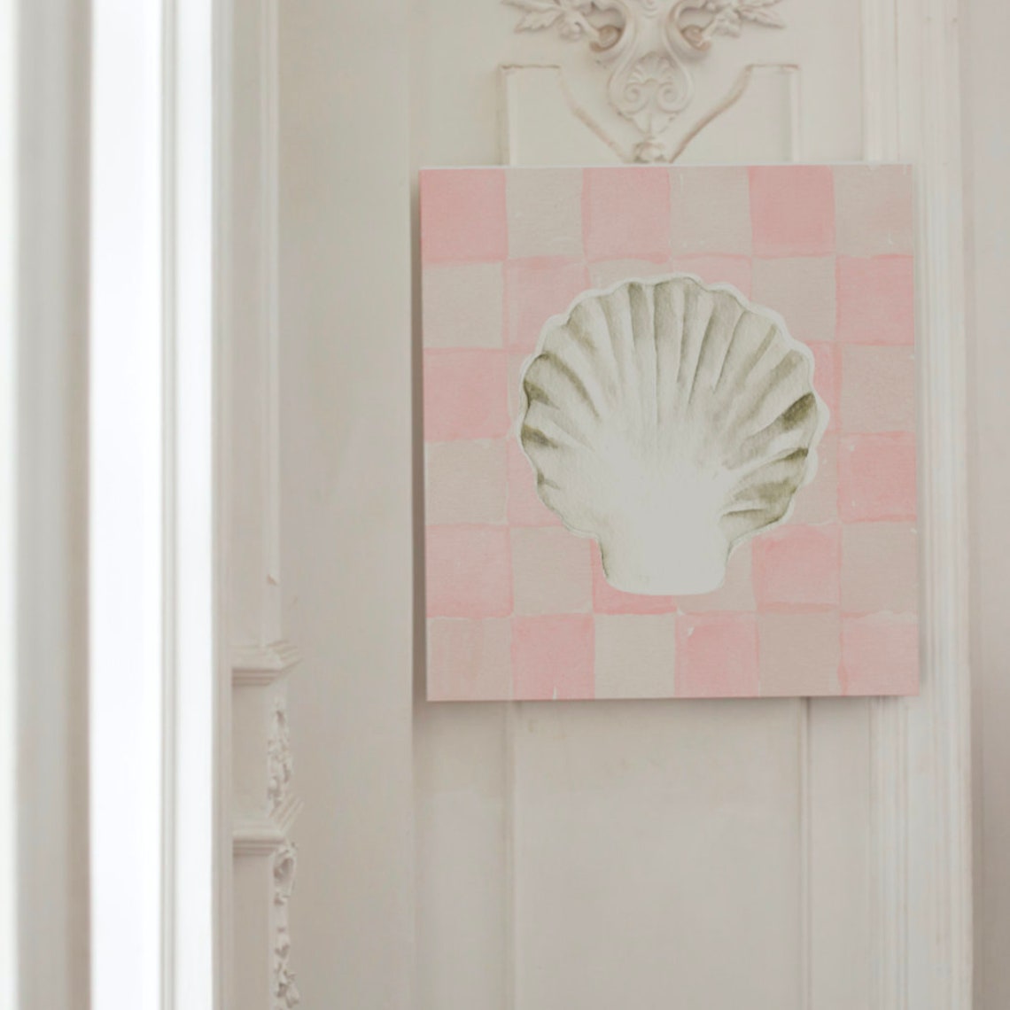 Pink Checkered Shell Painting Wall Art Trendy Decor Kids Room Nursery Decor Watercolor Coastal - Image 2