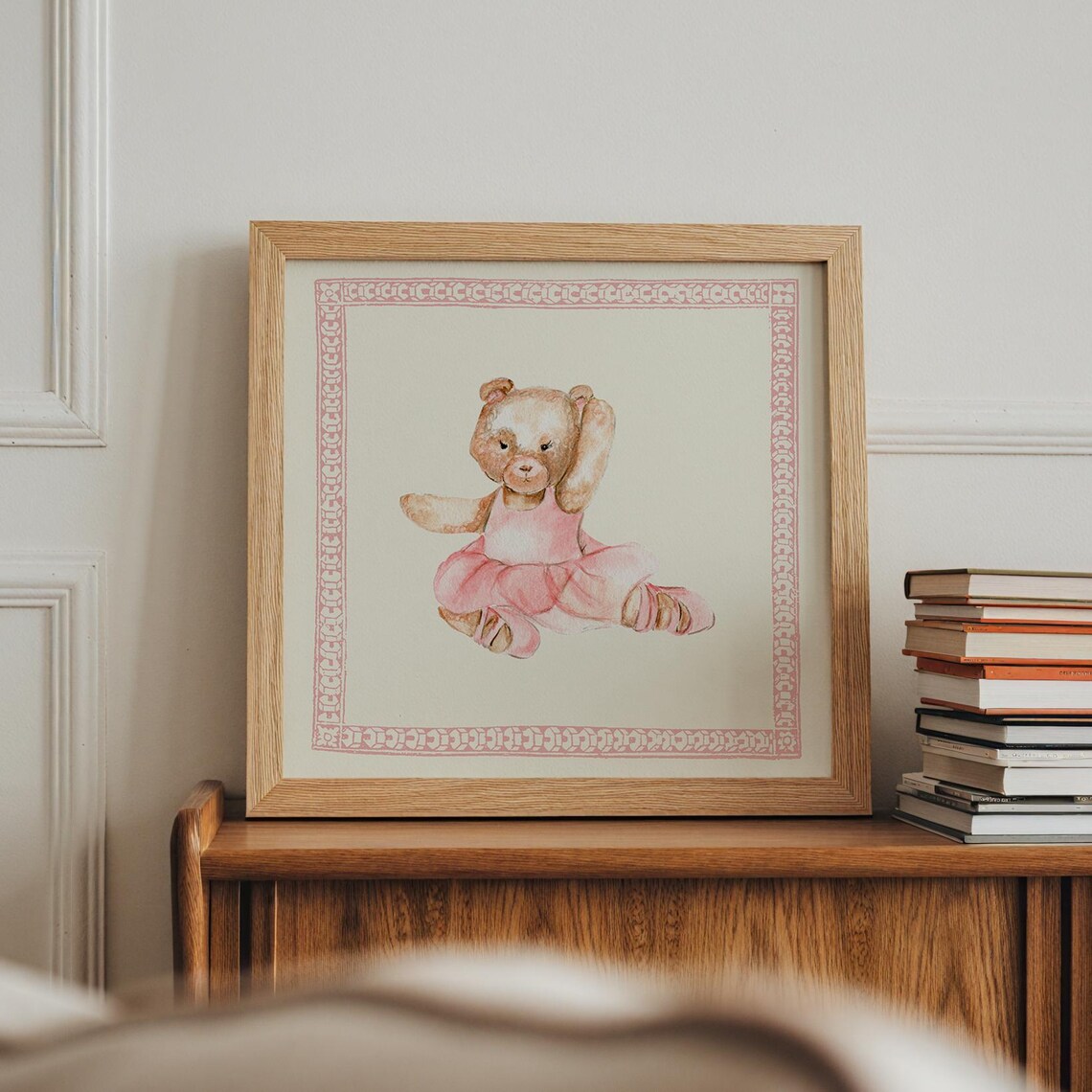 Teddy Bear Ballerina Tutu Watercolor Pink Border Nursery Wall Art - Image 5