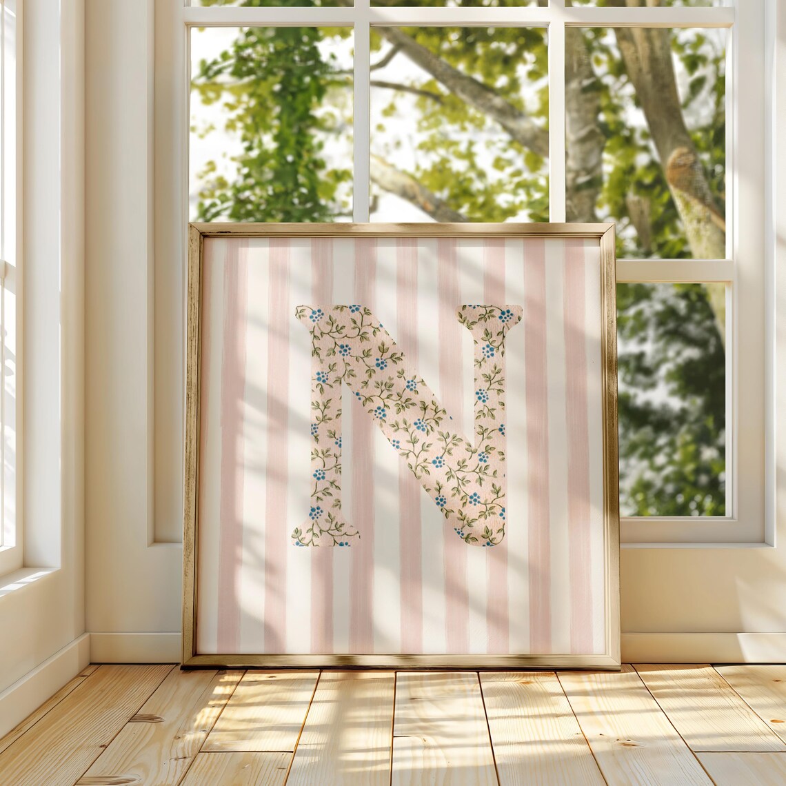 N Square Floral Letter Watercolor Art Print - Image 4