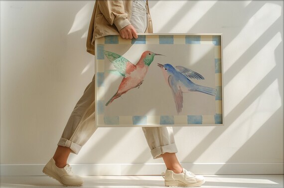 Pair of Watercolor Hummingbirds on Blue Gingham Border Poster