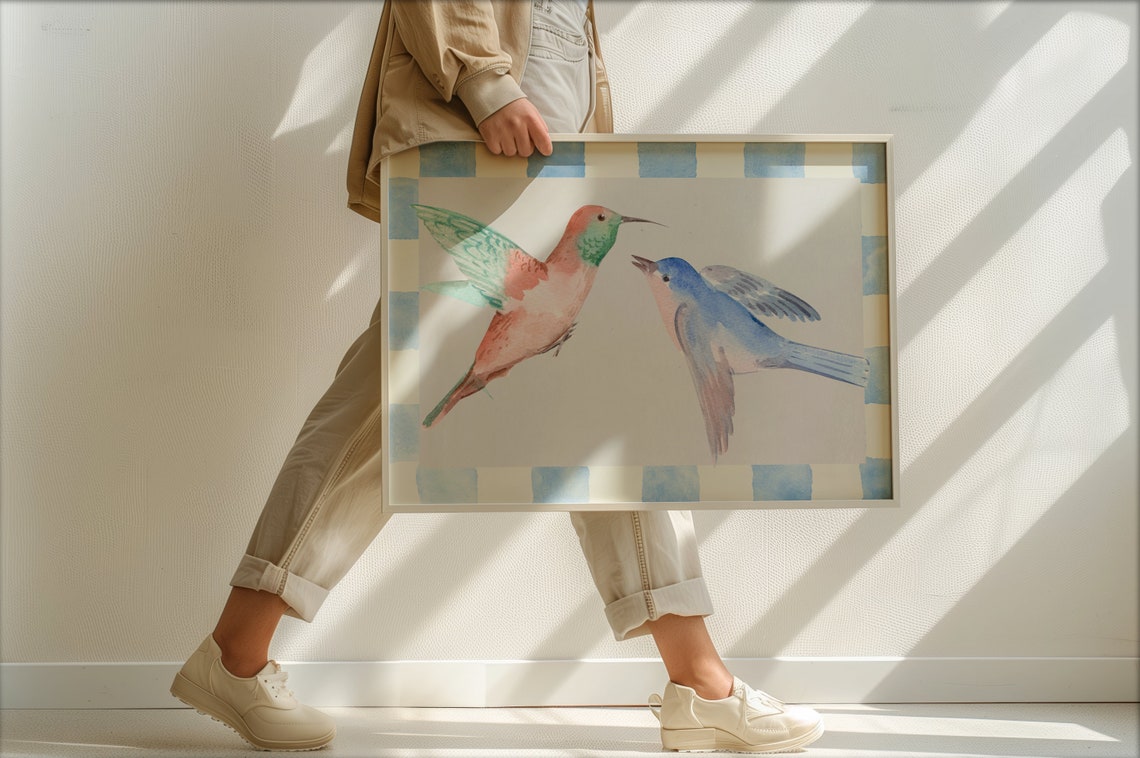 Pair of Watercolor Hummingbirds on Blue Gingham Border Poster