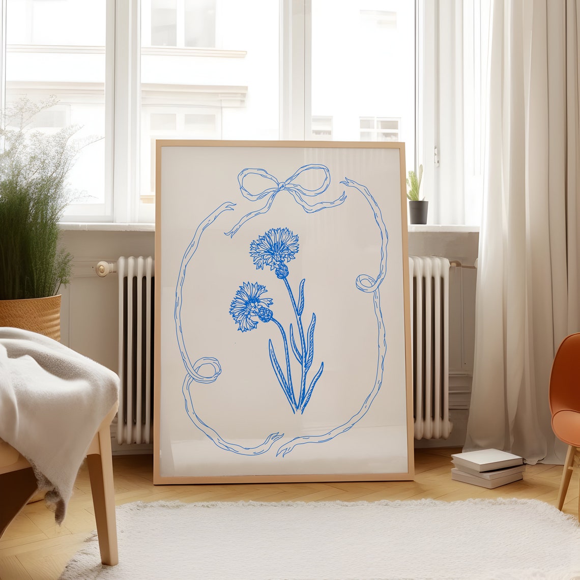 Blue Cornflower Line Drawing in Ribbon Bow Frame Minimal Poster
