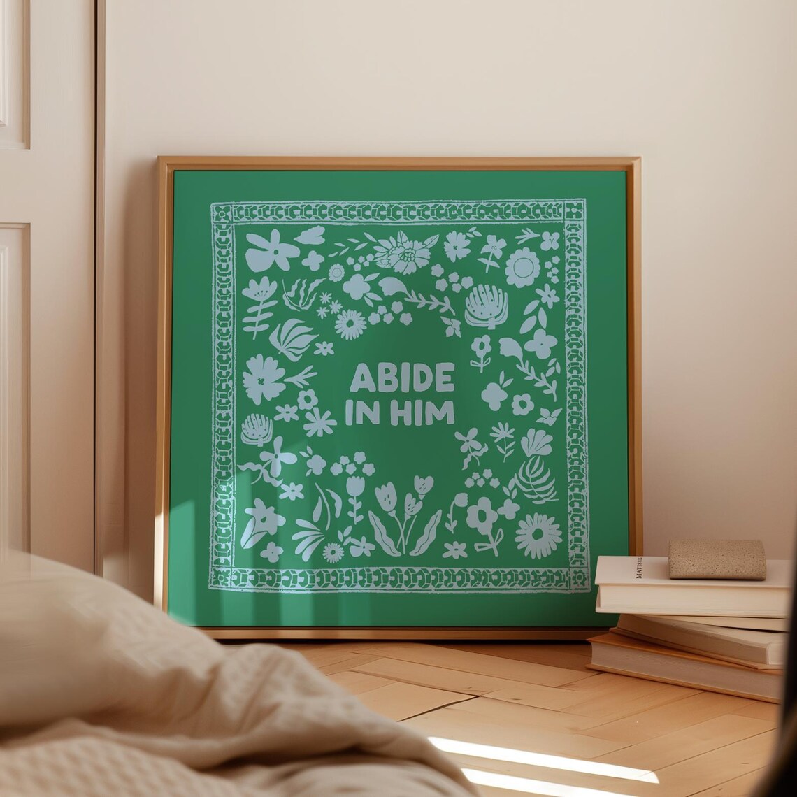 Abide In Him Square Print Instant Wall Art Kitchen Living Room Art Blue Thin Line Scripture
