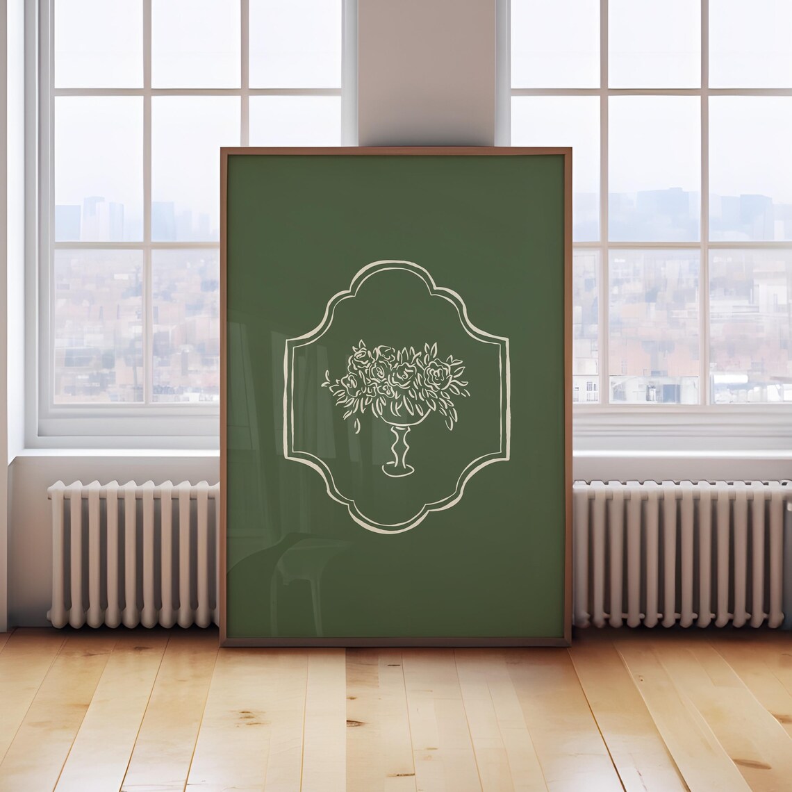 Cream Floral Urn Crest Line Art Forest Green Modern Botanical Poster - Image 3