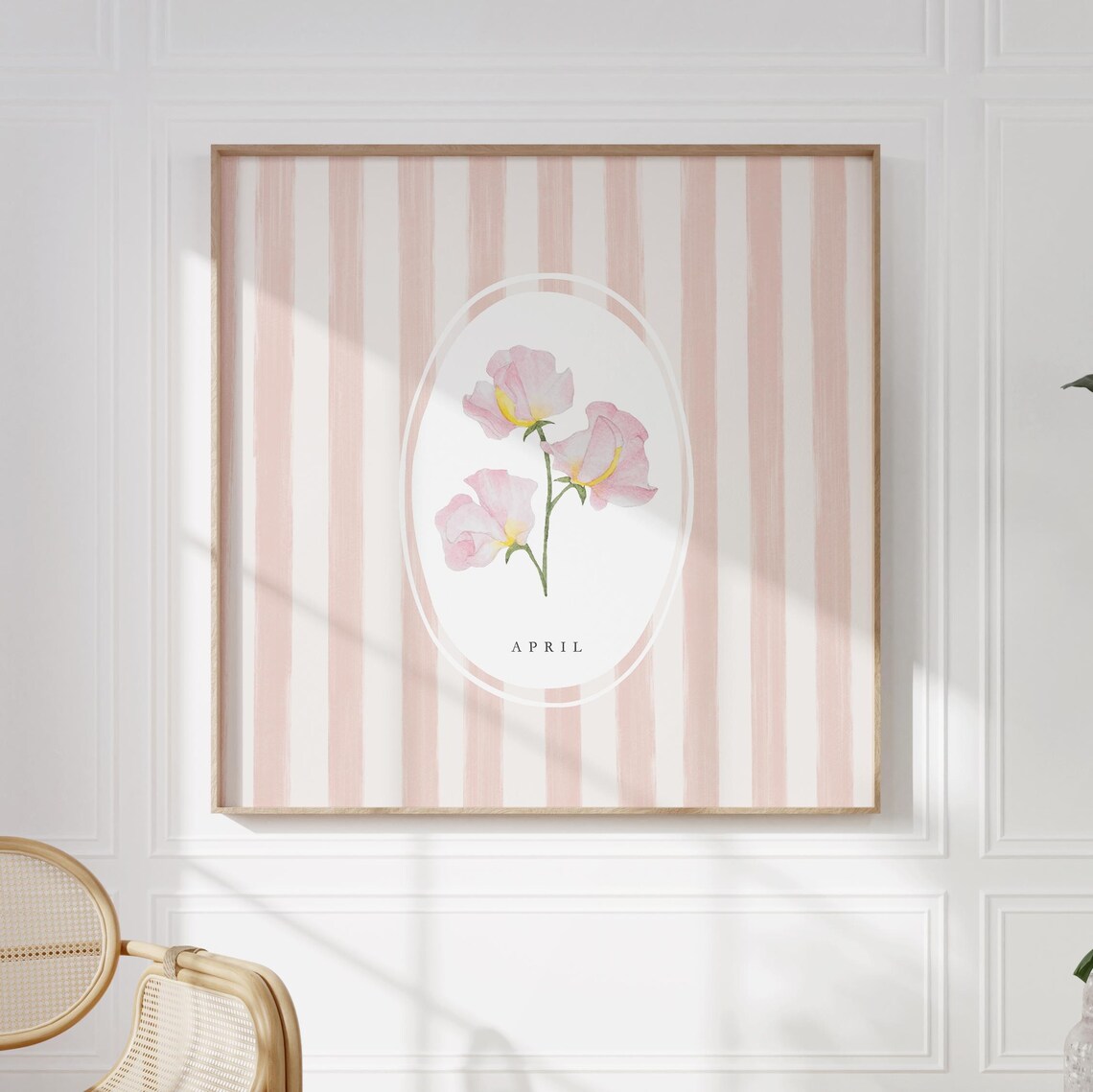 April Sweet Pea Birth Month Flower Pink Stripe Watercolor Botanical Poster - Image 3