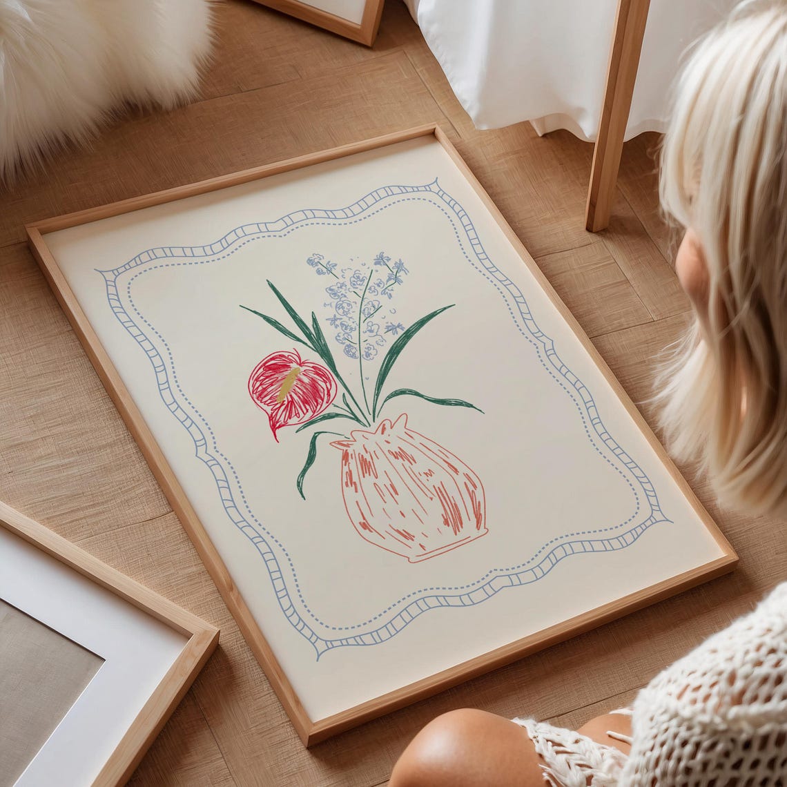 Red Anthurium Blue Blossom Bouquet Line Art Pink Vase Cottage Poster