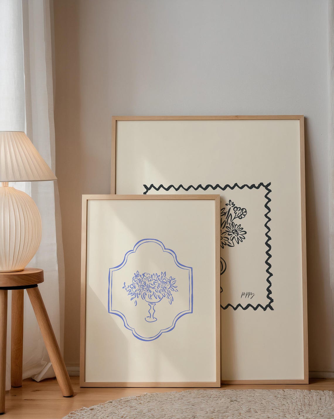 Blue Floral Urn Crest Line Art Cream Minimal Botanical Wall Poster - Image 4