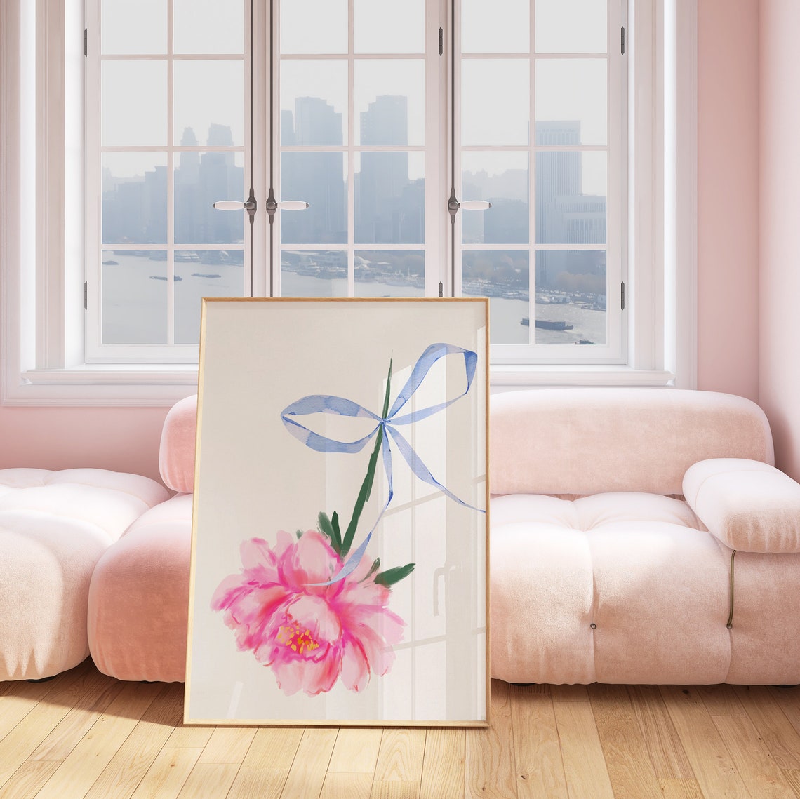 Watercolor Pink Flower With Flowing Blue Ribbon Vertical Art Print