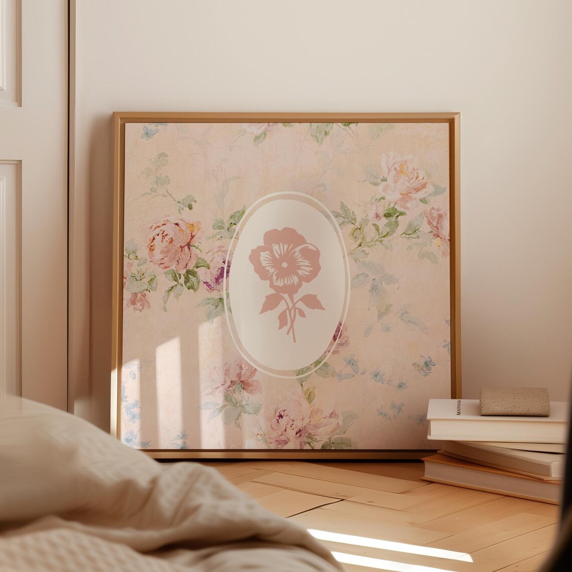 Pink Victorian Floral Wallpaper With Pansy Oval Medallion Poster