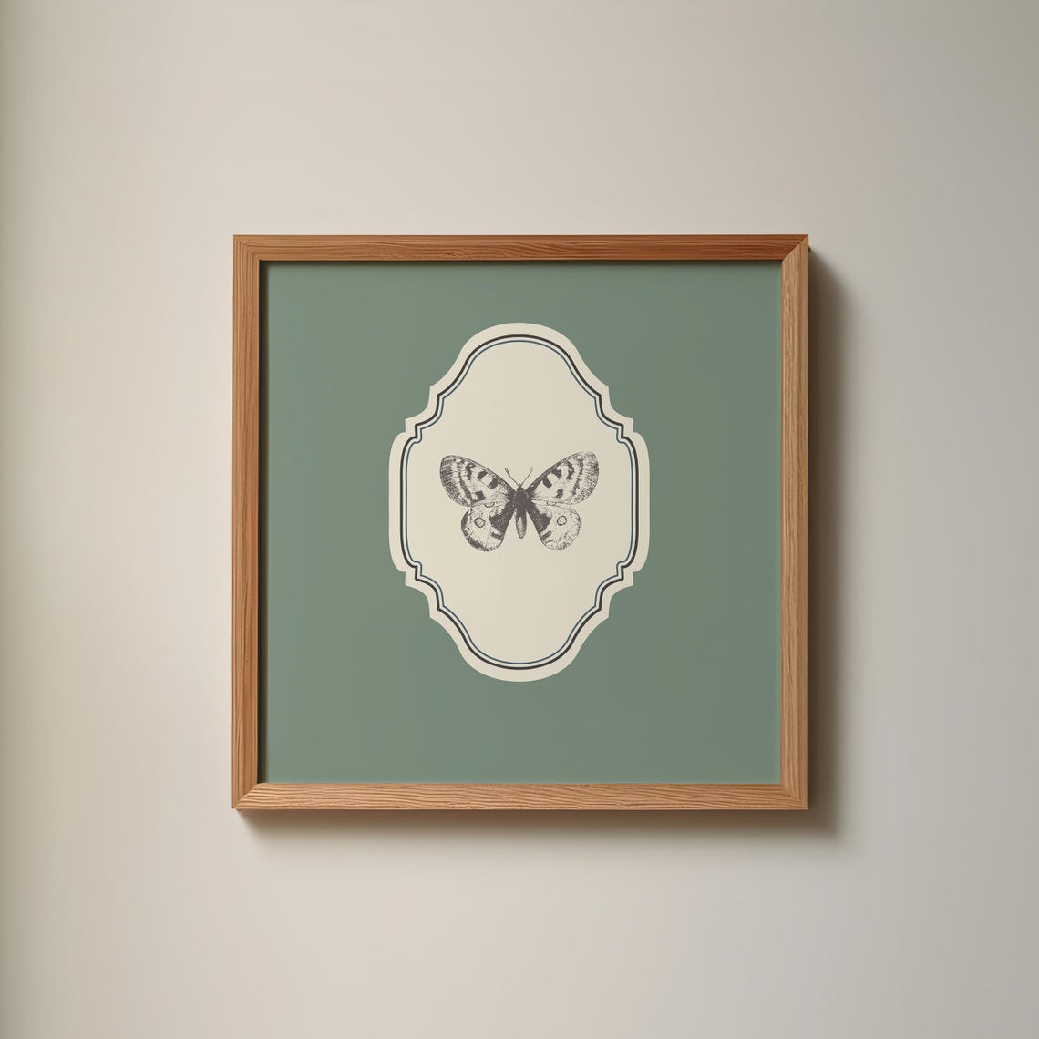 Sage Green Square Vintage Butterfly Engraving Ornate Art Poster - Image 3