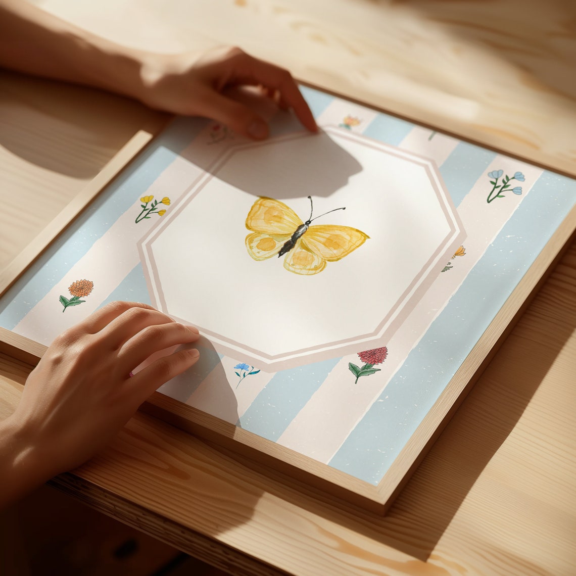 Yellow Butterfly In White Octagon Striped Floral Cottage Poster - Image 2