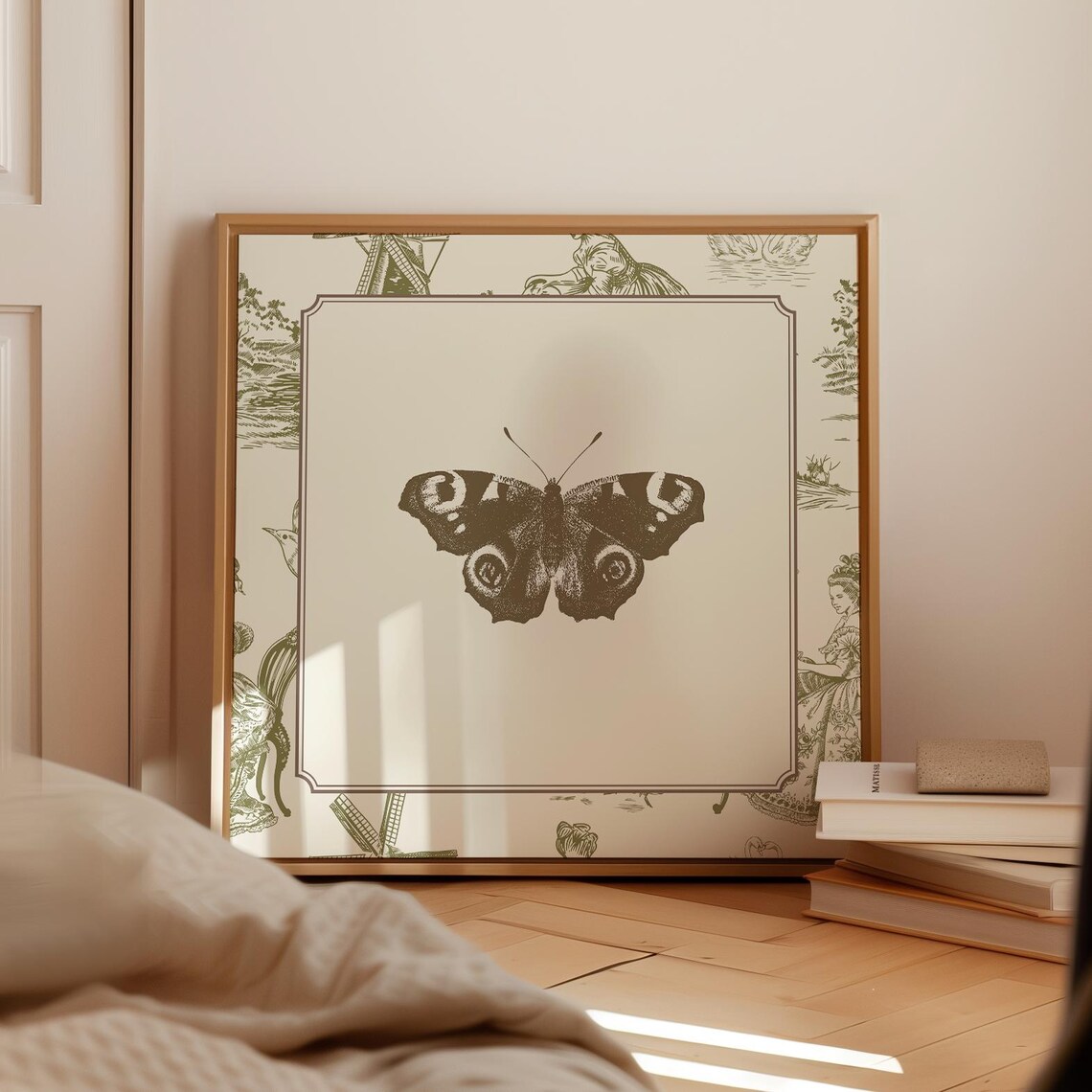 Vintage Green Toile Butterfly Art Print, Nursery Decor - Image 2