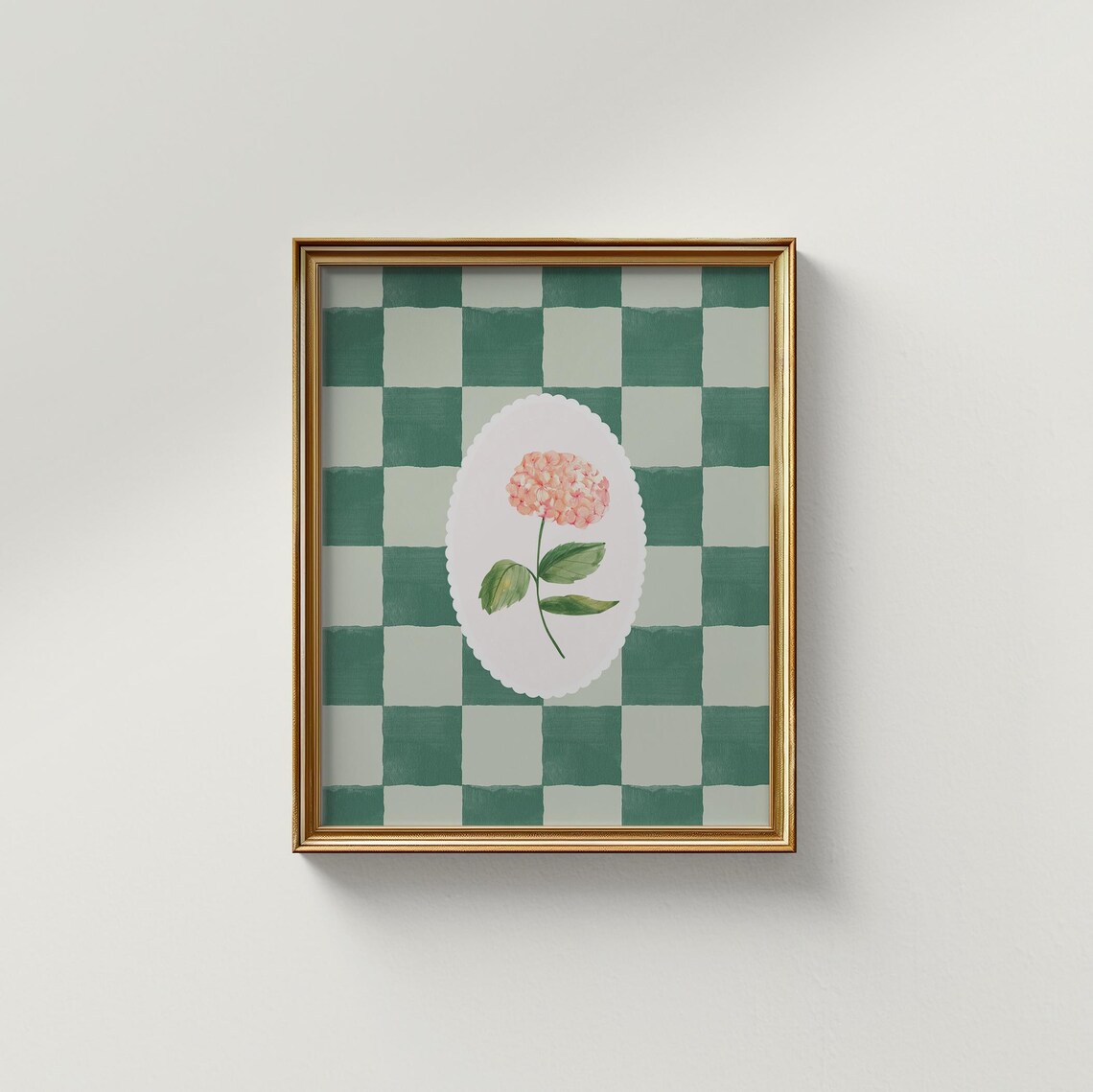 Green Checkered Hydrangea Vintage Art Print - Image 2