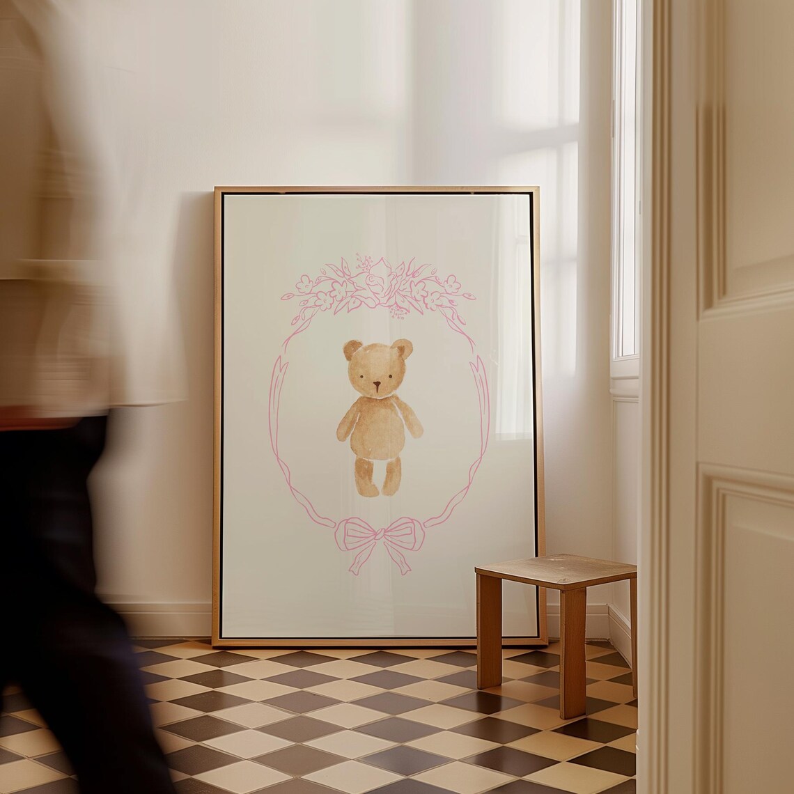 Watercolor Teddy Bear Pink Floral Wreath Baby Nursery Wall Art - Image 5