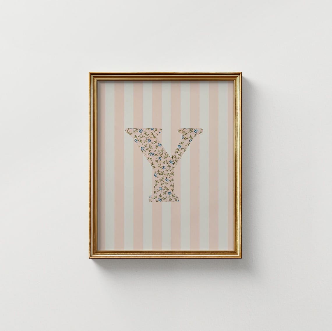 Letter Y Floral Monogram Pink Striped Gold Frame Nursery Wall Art