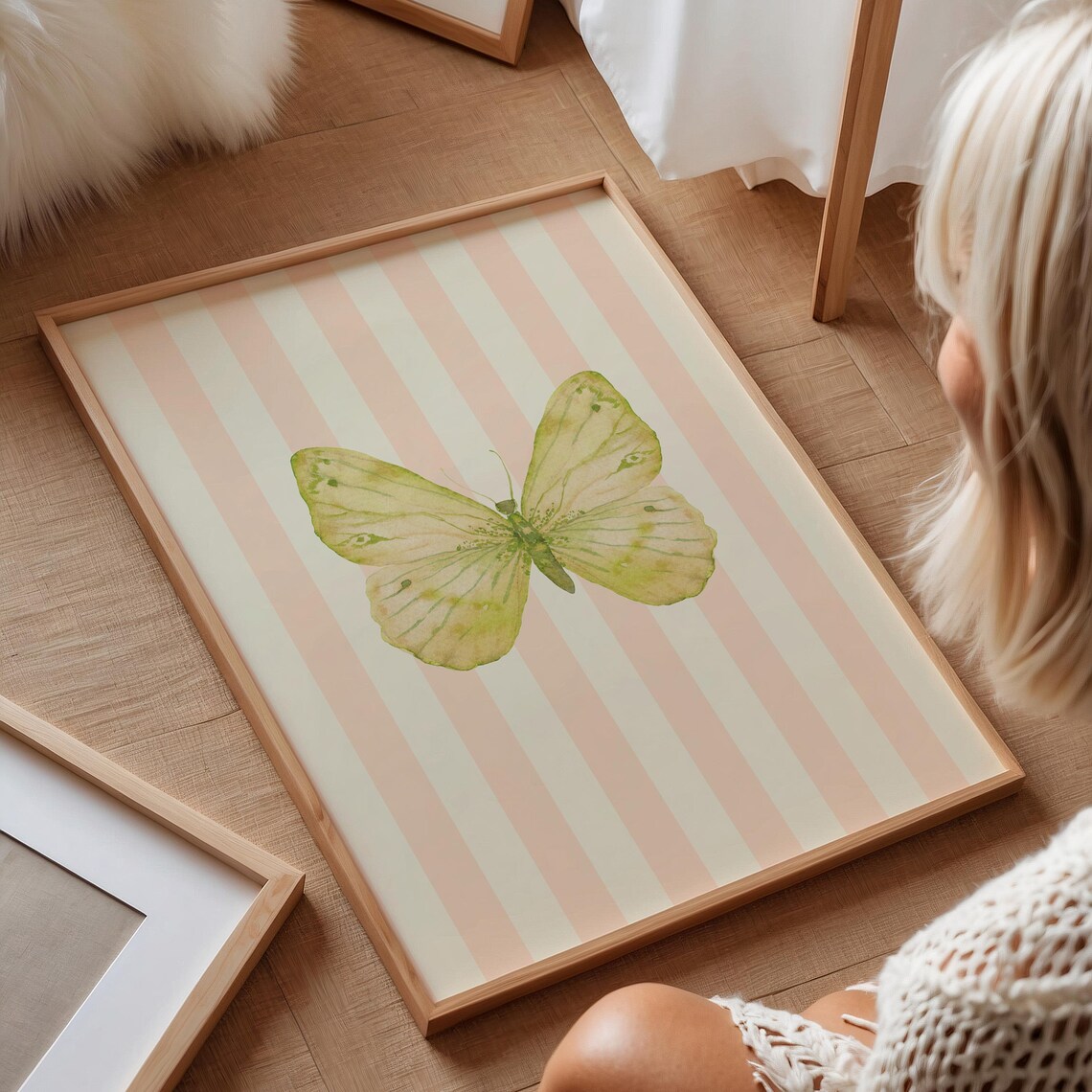 Blush Striped Minimal Butterfly Art Print - Image 2
