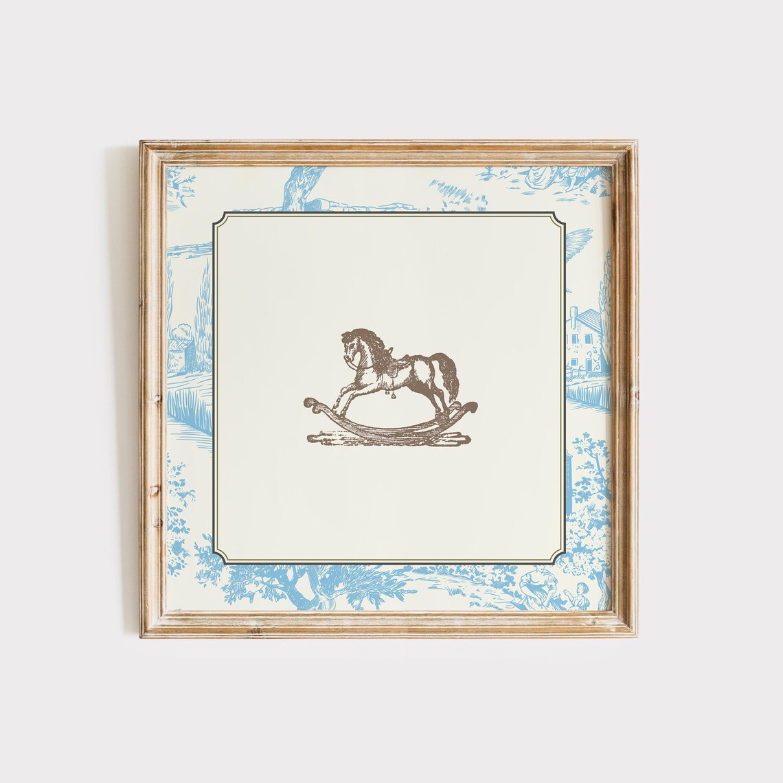 Vintage Blue Toile Rocking Horse Art Print - Image 4