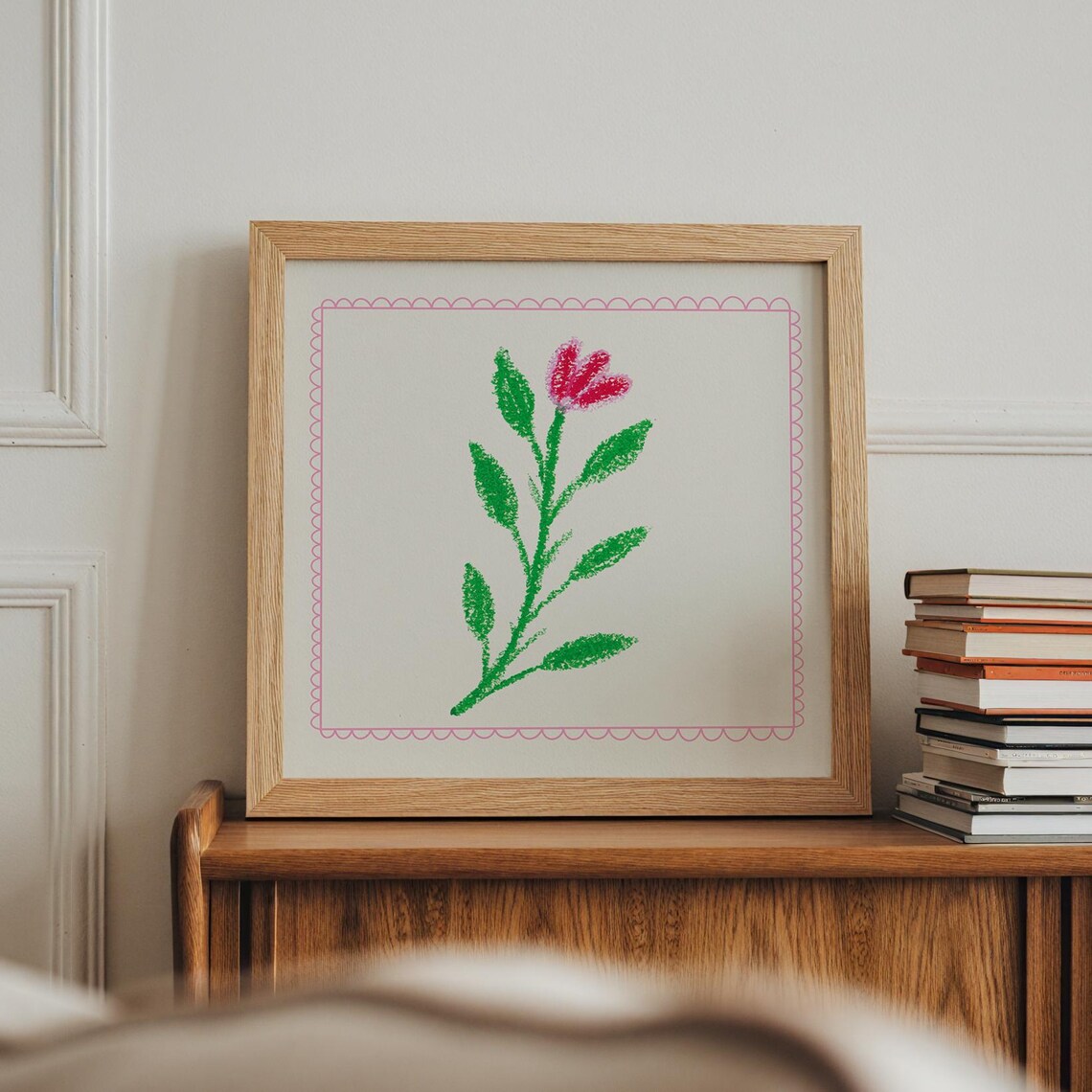 Pink Flower Doodle Green Stem Scalloped Border Playful Kids Wall Art - Image 2