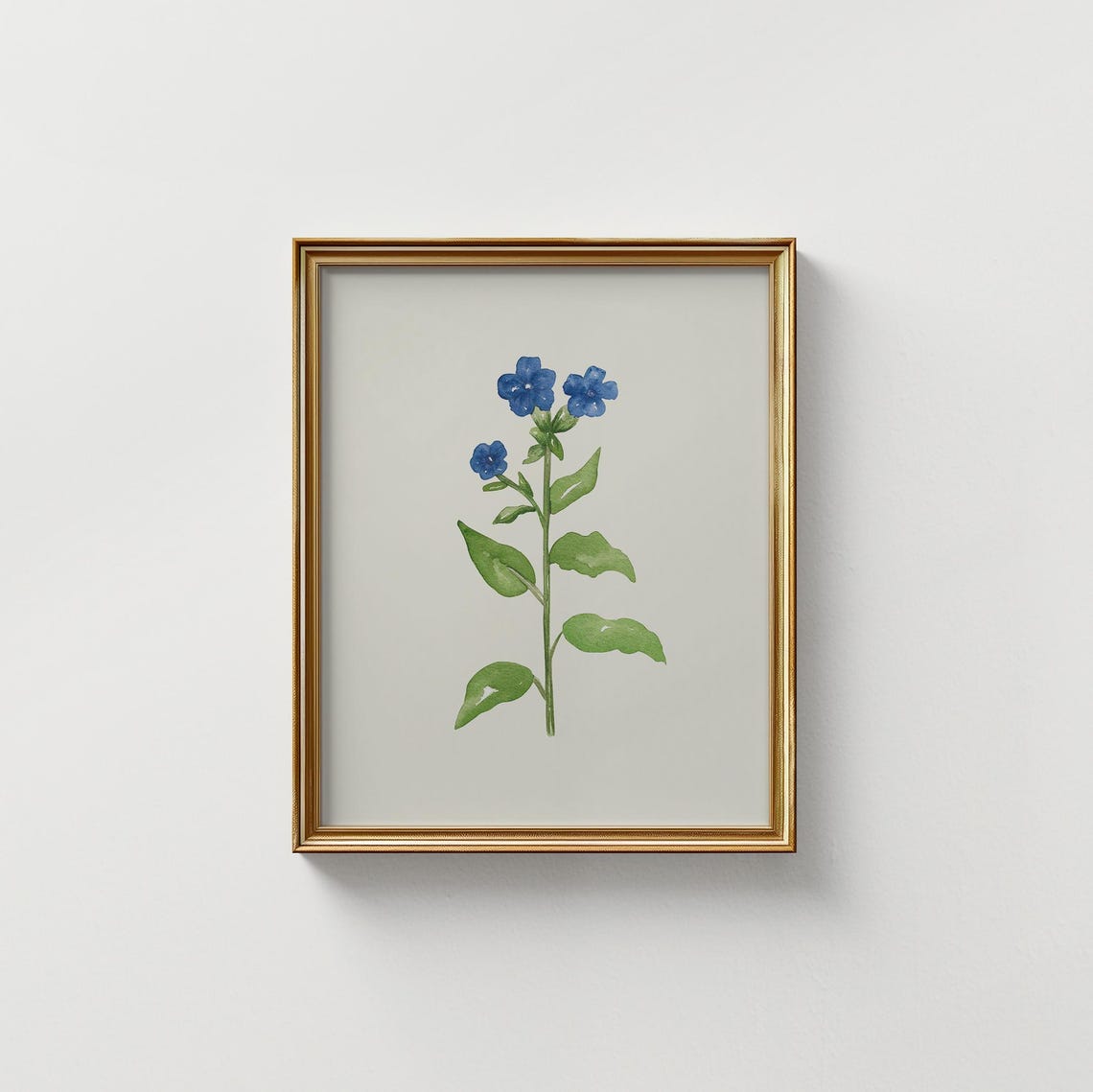 Blue Wildflower Single Stem Watercolor Gold Frame Botanical Wall Art