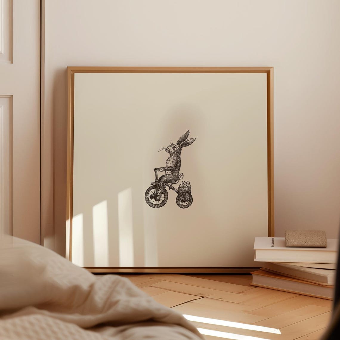 Vintage Rabbit Riding Tricycle Ink Sketch Square Animal Decor Poster - Image 5