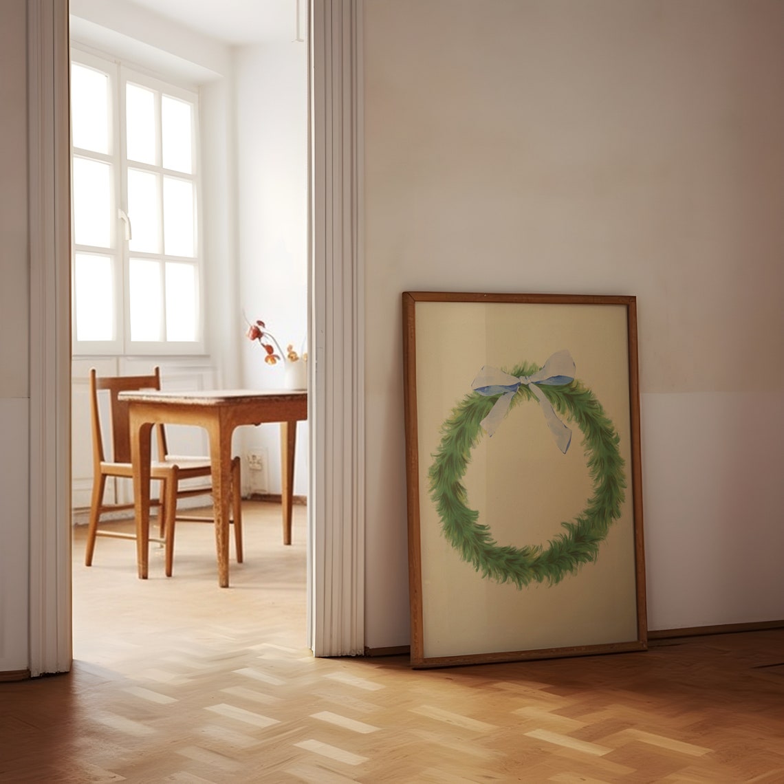 Simple Green Pine Wreath Poster with Light Blue Bow on White - Image 2