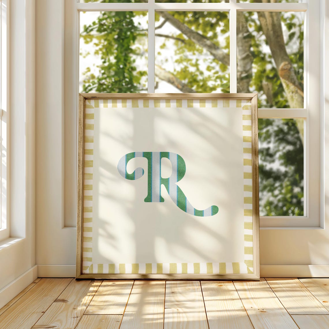 Swash Letter R Green Blue Striped Monogram Cream Framed Art Print - Image 4