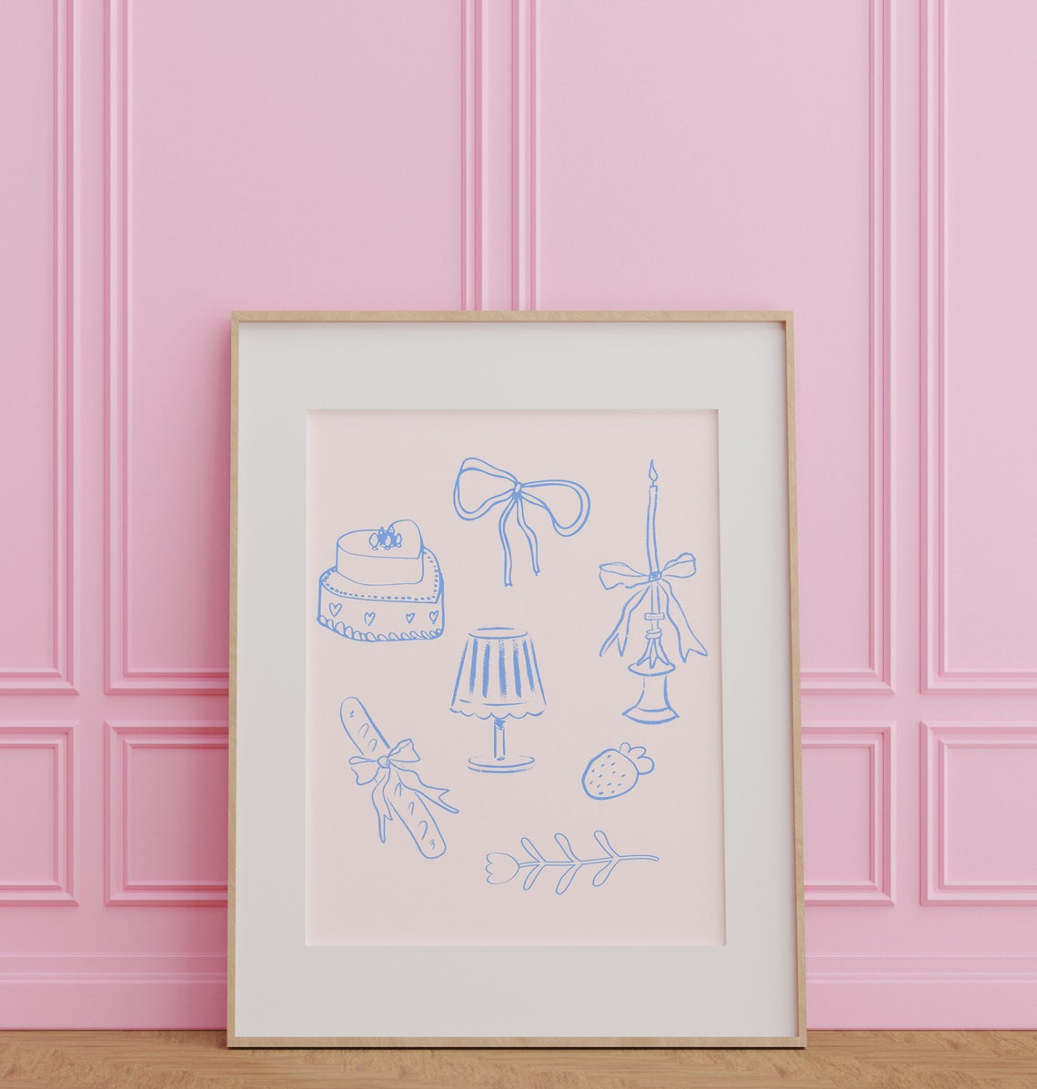 Blue Line Doodle Kitchen Icons Cake Bow Candle Coquette Decor Poster - Image 3