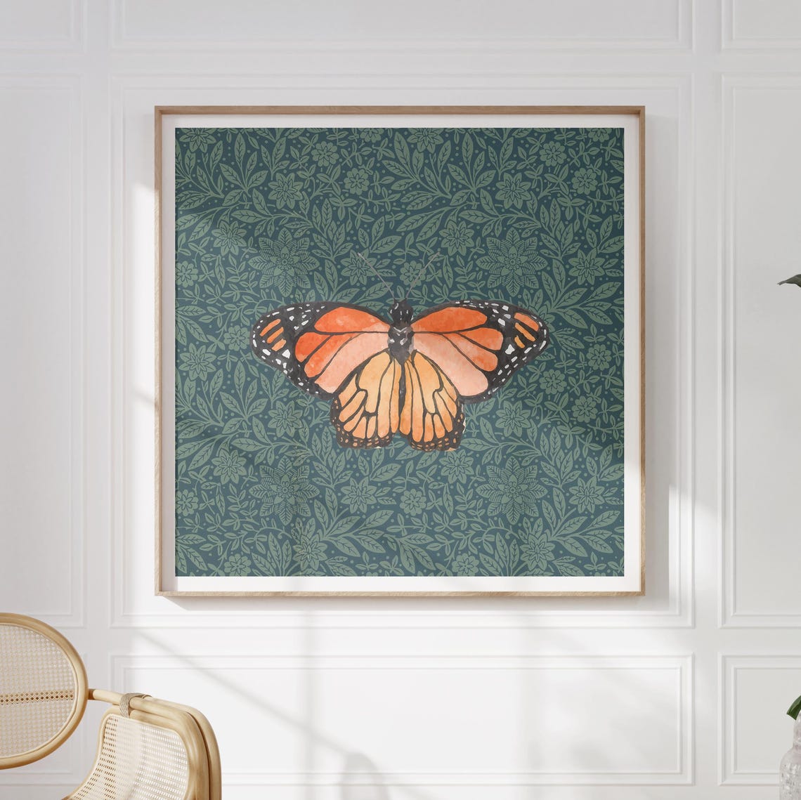 Deep Green Monarch Butterfly Square Print Instant Wall Art Trendy Decor Illustration Living Room Art Nursery - Image 2