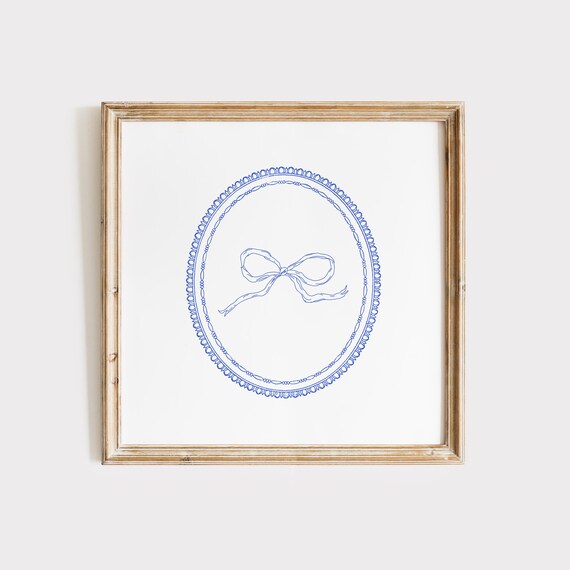 Blue Coquette Bow Line Drawing Decorative Oval Medallion Poster