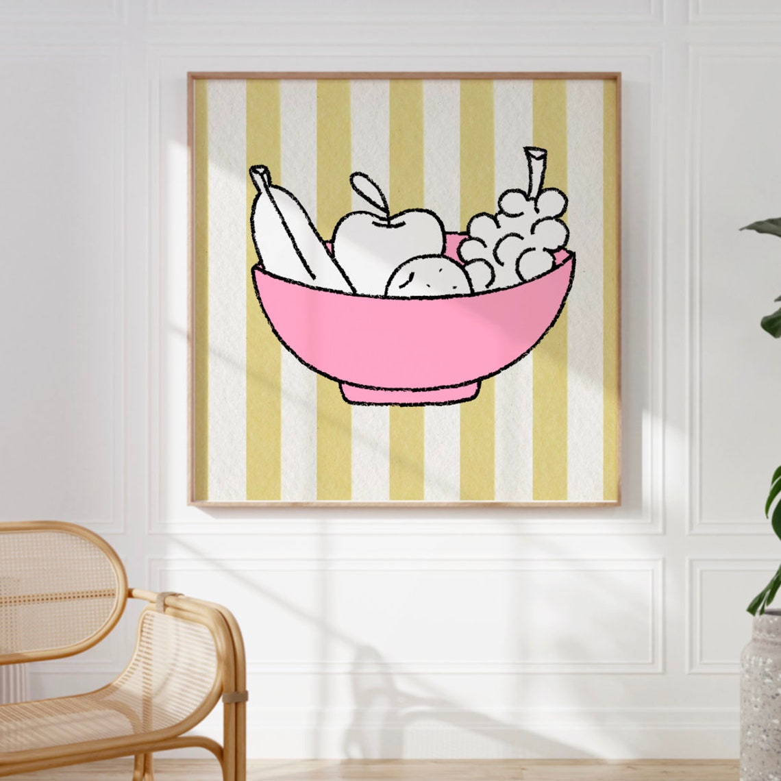 Pink Fruit Bowl Doodle Line Art Banana Apple Grapes Kitchen Poster - Image 2