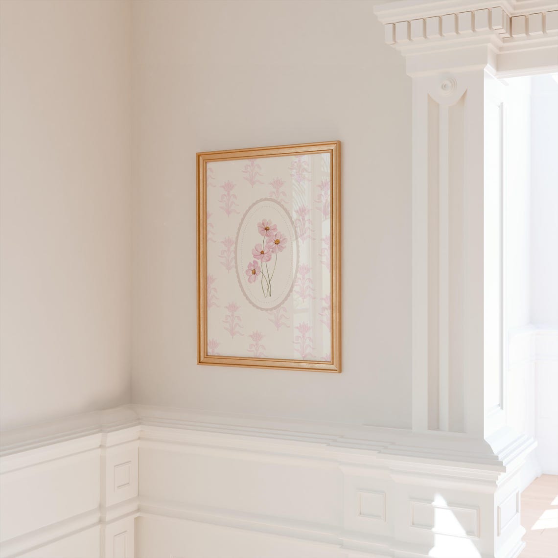Pink Cosmos Flowers in Oval Frame on Damask Wallpaper Poster - Image 2