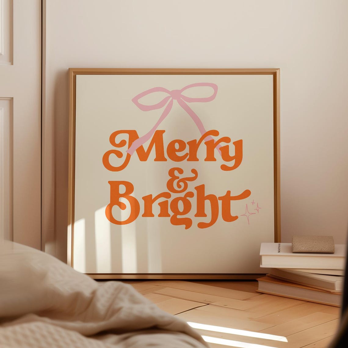 Merry and Bright Orange Retro Script with Pink Bow Christmas Poster
