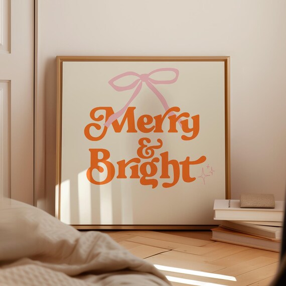 Merry and Bright Orange Retro Script with Pink Bow Christmas Poster