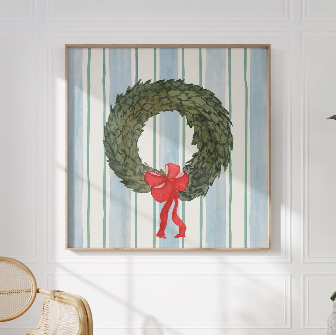 Green Christmas Wreath with Red Bow on Striped Blue Background Poster - Image 4